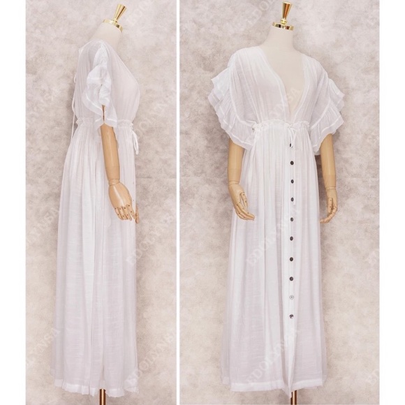 White Boho Deep V Open Back Maxi Cover Up Dress w/ Pockets - Picture 11 of 13